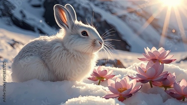 Fototapeta Cute white hare among beautiful snowy mountains with white flower of hope, concept of faith and hope and miracles