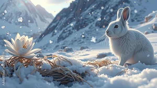 Fototapeta Cute white hare among beautiful snowy mountains with white flower of hope, concept of faith and hope and miracles
