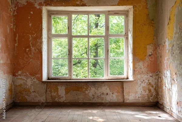 Obraz Warm empty room with earth toned walls and large window showcasing vibrant greenery outside, creating serene and inviting atmosphere
