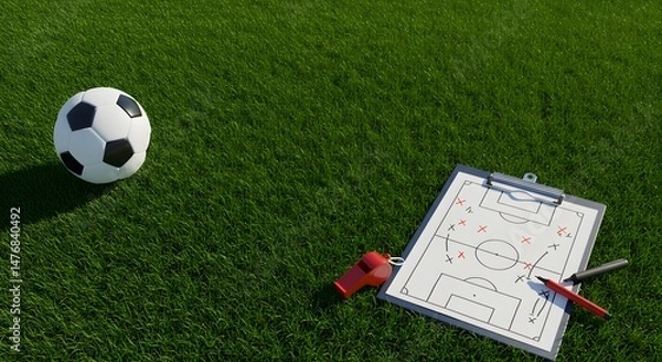 Obraz A soccer field scene showing a football, red whistle, and tactical clipboard with strategic play diagrams.