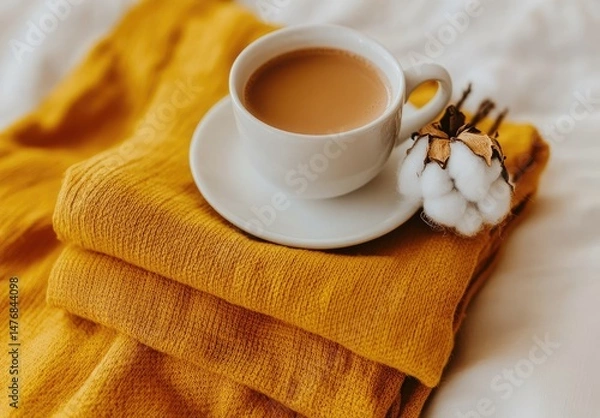 Fototapeta A warm cup of coffee sits atop a stack of mustard yellow throws, accompanied by a cotton boll, creating a cozy autumnal scene