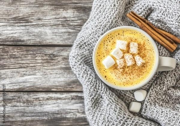 Fototapeta Warm pumpkin spice drink in a mug, topped with marshmallows and cinnamon sticks, on a wooden table with a gray knitted blanket