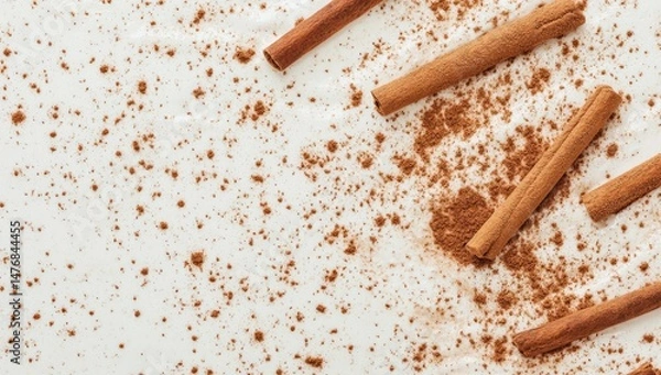 Fototapeta Cinnamon sticks and powder scattered on a white surface.  Small brown specs are scattered across the white background, with several cinnamon sticks interspersed