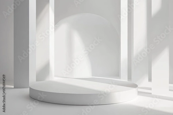 Fototapeta Empty, round, white pedestal in a bright, minimalist room, sunlit.  Shadows from sunlight on walls and floor