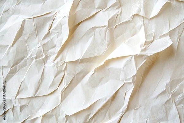 Fototapeta Crinkled, off-white paper texture with deep folds and creases