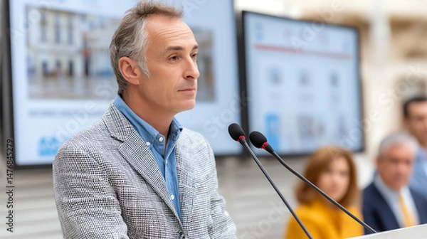 Fototapeta A focused professional delivering a speech at a conference, highlighting key insights to an engaged audience at a podium.