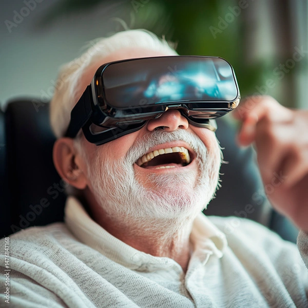 Obraz portrait grandfather in 3d glasses sitting and laughing, use of modern technologies by elderly people