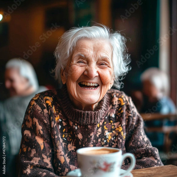 Obraz Grandma 80+ sits in cafe, looks at camera and laughs