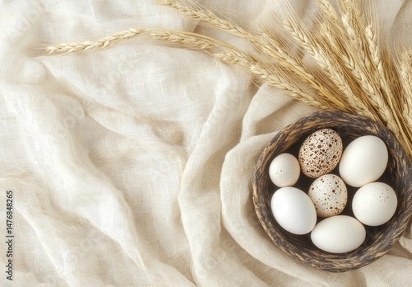 Fototapeta Rustic eggs in a wooden bowl atop a linen cloth, with wheat sprigs adding a touch of natural beauty