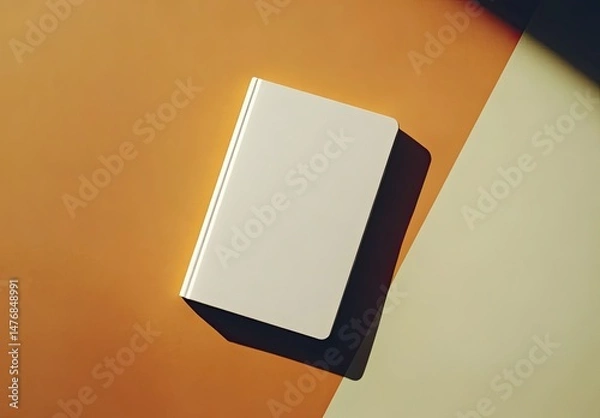 Fototapeta Blank white notebook on a two-toned background.  Sunlight casts a shadow