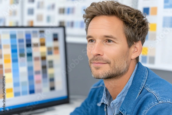Fototapeta A young man analyzing color samples on a computer screen, representing creativity and design in a modern workspace.