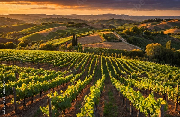 Fototapeta Golden Sunset Over Endless Vineyard Hills