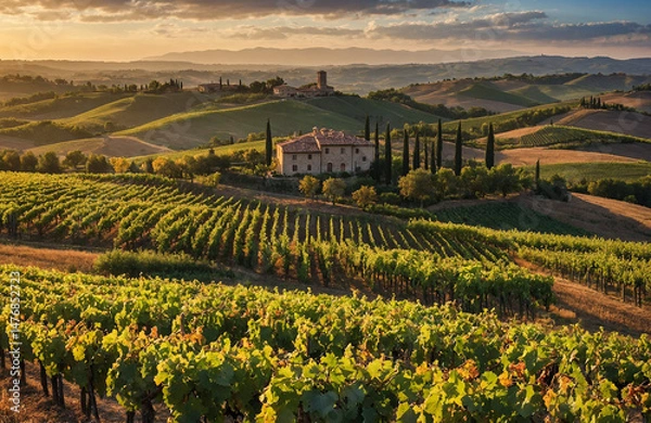 Fototapeta Scenic Vineyard Hills with Villa at Dusk
