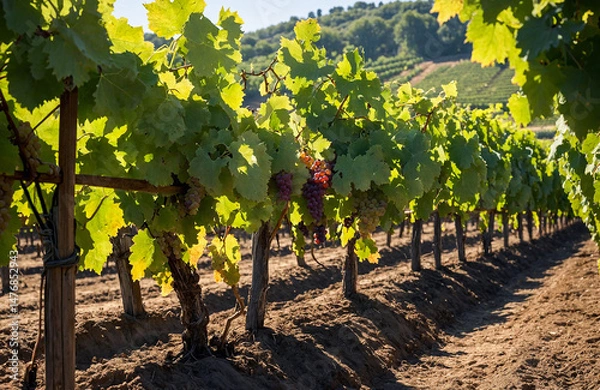 Fototapeta Sunlit Vineyard Rows with Ripe Grapes