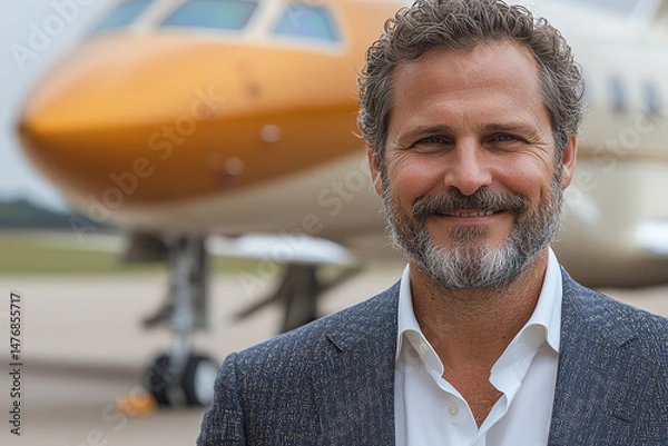 Fototapeta Smiling businessman stands confidently in front of a luxury private jet, showcasing modern success and executive lifestyle.