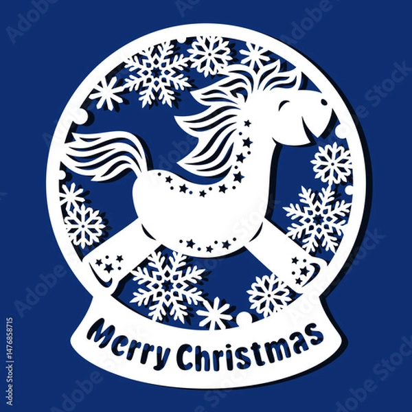 Fototapeta Snow globe with happy horse. Round Christmas decoration with laughing pony, snowflakes. Template for plotter laser cutting of paper, fretwork, wood carving, metal engraving, cnc. Vector illustration.
