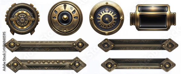 Fototapeta Vintage Steampunk UI Kit – Control Dials, Levers, and Brass Panels