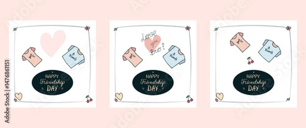 Fototapeta Set of hand drawn colorful Friendship Day posters, invitations, greeting cards, social media post templates in various designs, cute doodle t shirts, hand written greetings, empty space