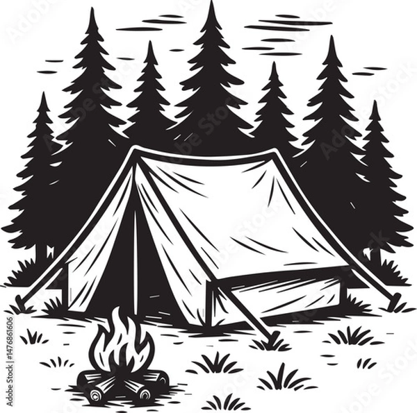 Fototapeta Camping tent and fire vector illustration