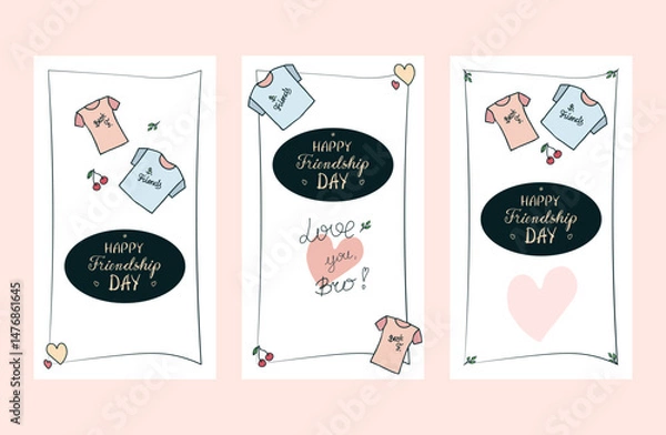 Fototapeta Set of hand drawn colorful Friendship Day posters, invitations, greeting cards, social media stories templates in various designs, cute doodle t shirts, hand written greetings, empty space