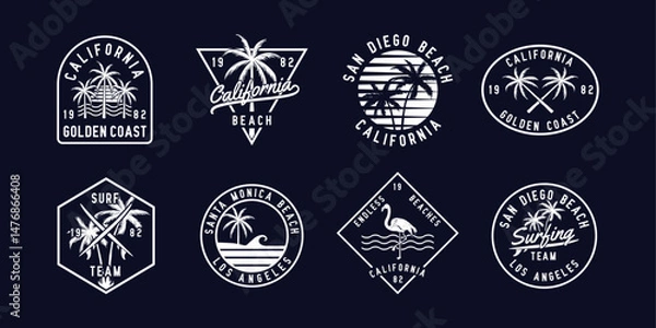 Obraz Vector graphic set of retro-style badges perfect for surf and beach themes. The designs include elements such as waves, suns, palm trees, and surfboards. 