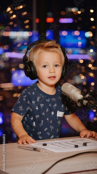 Obraz A baby sits at a table in an animation podcast studio, facing the camera and speaking into a microphone