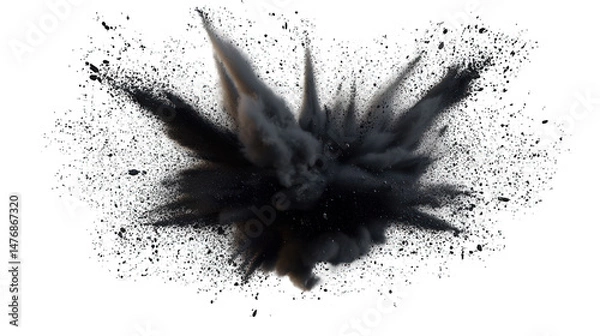 Fototapeta Abstract explosion of dark smoke and light pixels on a white background