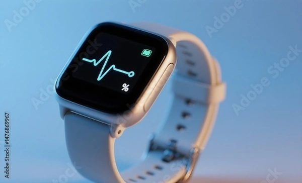 Obraz Modern Fitness Tracker Displaying Heart Rate and Oxygen Monitoring on Blue Gradient Background with Sleek Design
