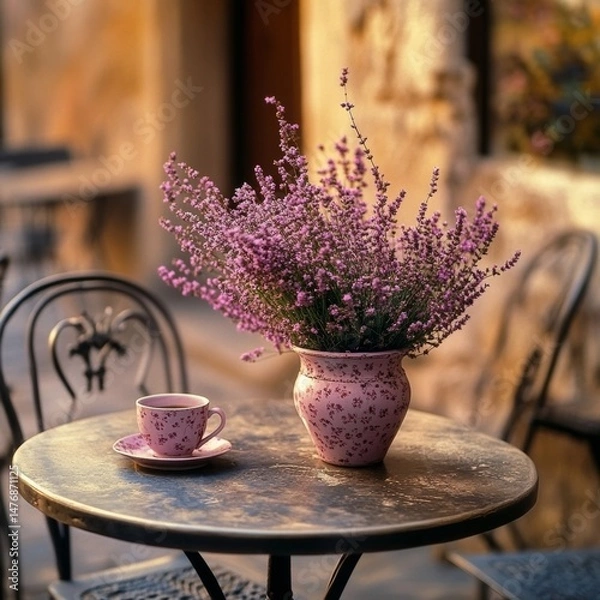 Obraz Heather's decorative pot on a table by a European cafe