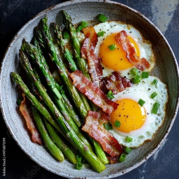 Obraz Fried asparagus, bacon, and eggs