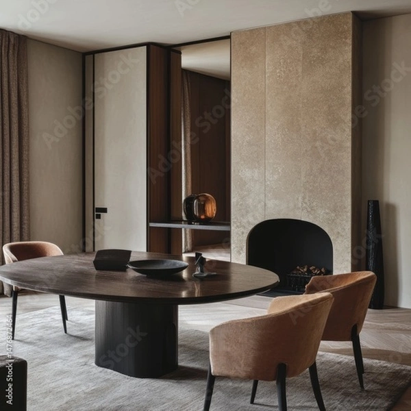 Obraz Living room with fireplace, table, chairs, and mirrored wardrobe.