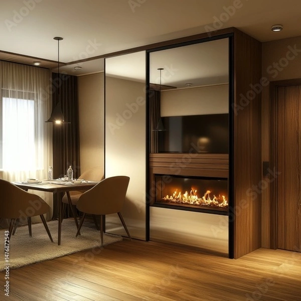 Obraz Modern living area with fireplace and furniture.