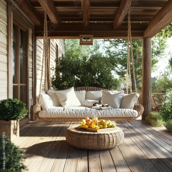 Obraz Wooden porch with swing and sofa