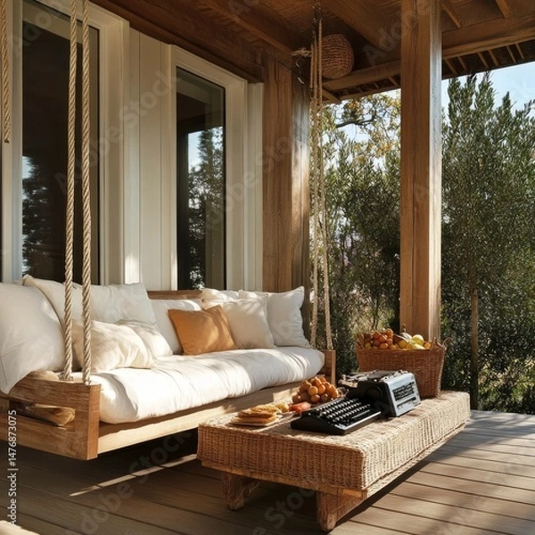 Obraz Modern porch with swing, sofa, and wicker coffee table