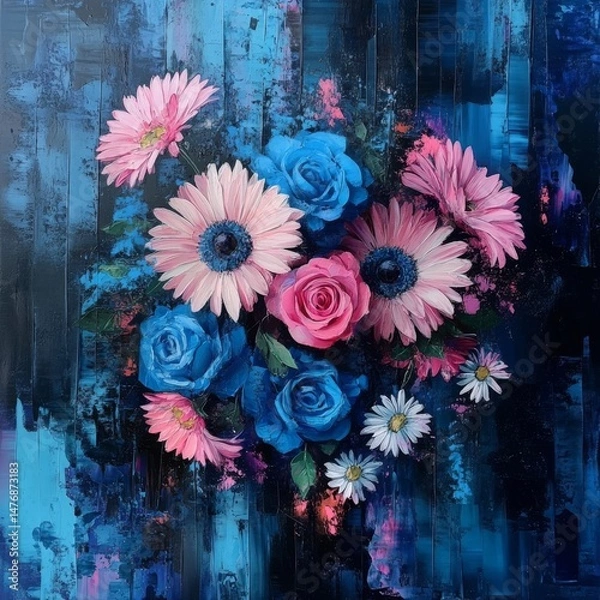 Obraz Flower arrangement with gerberas, roses, daisies on dark