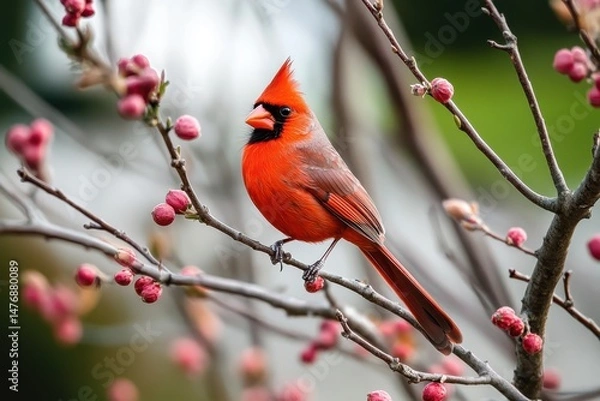 Fototapeta Cardinal In Tree. Northern Cardinal Bird Perched on Backyard Serviceberry Tree Branch in Indiana Spring Garden