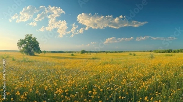Fototapeta Yellow Flower Field with Blue Sky and Clouds