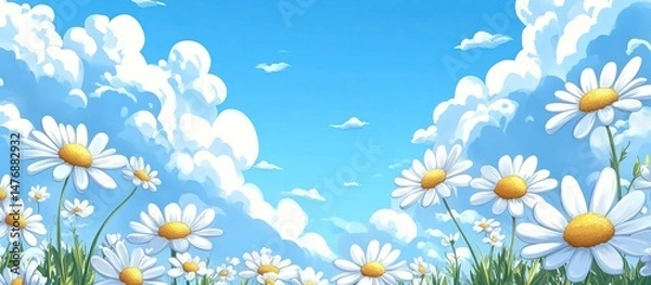 Fototapeta Daisy Field Under Blue Sky with Clouds