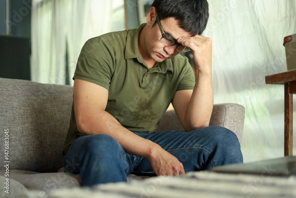 Fototapeta domestic,sad serious illness man.depressed emotion panic attacks alone sick people fear stressful crying.stop abusing violence,help person with health anxiety,thinking bad frustrated exhausted