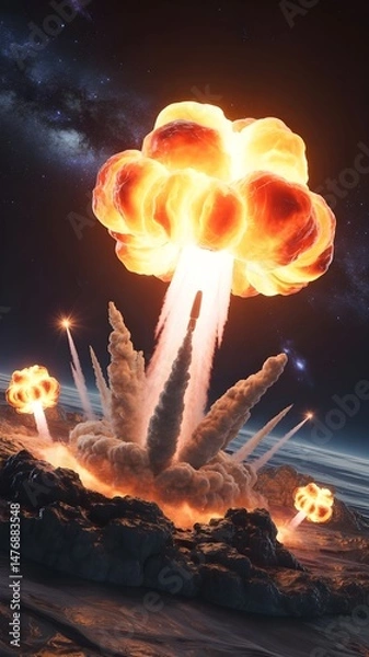Fototapeta Cataclysmic Missile Blast Under a Starry Sky: A 3D Render of a Massive Fireball, Billowing Smoke, and Fiery Debris Erupting in a Rocky Landscape Amid Secondary Explosions and Cosmic Backdrop

