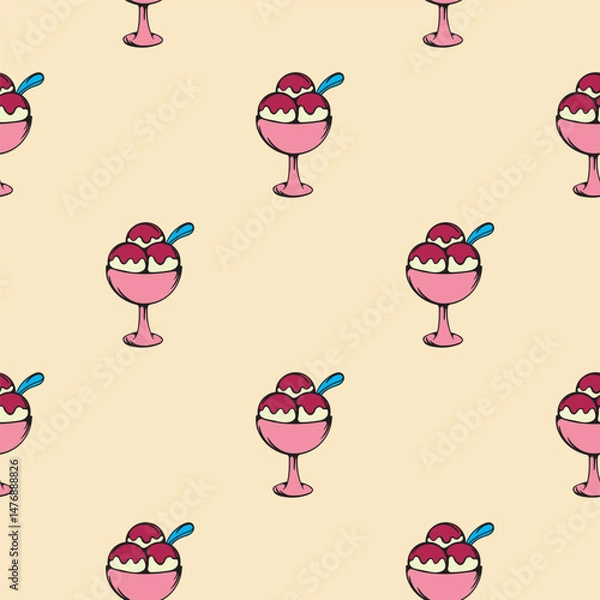 Fototapeta Ice cream with syrup in a bowl. Sweet dessert. Vector seamless pattern for wrapping paper, print, textile. Bright background with cartoon illustration