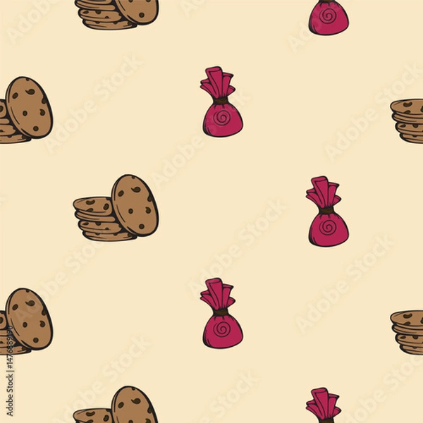 Obraz Candies and cookies. Sweets. Vector seamless pattern for wrapping paper, print, textile. Bright background with cartoon illustration