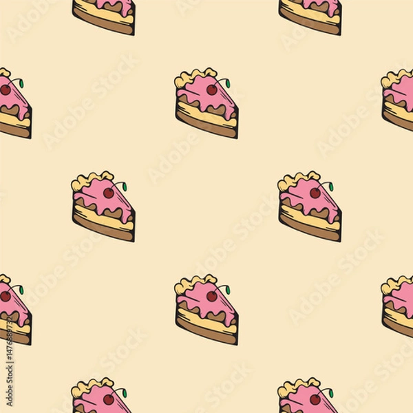 Obraz Piece of cake with pink cream and cherry. Bakery. Dessert. Vector seamless pattern for wrapping paper, print, textile. Bright background with cartoon illustration