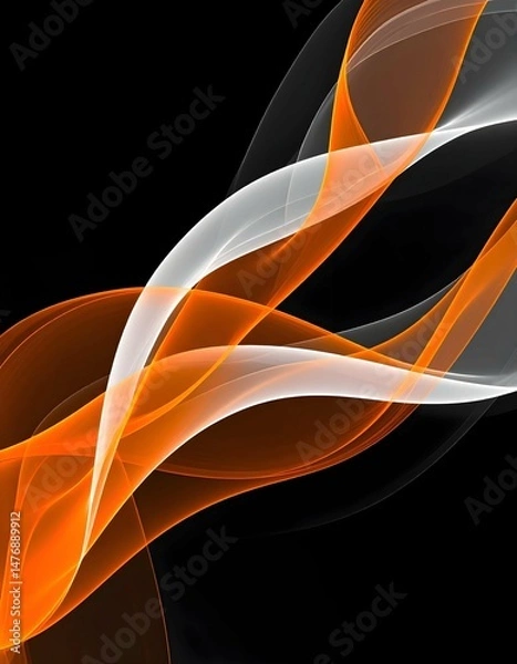 Obraz Swirling abstract waves of vibrant orange and soft white flow across a stark black background, creating a dynamic and modern desig