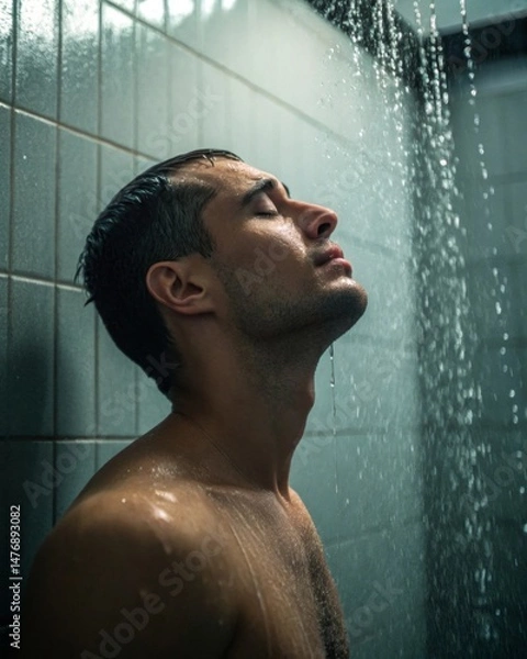 Fototapeta Man standing still in shower indoor bathroom cinematic realism content cold color tone environment close-up viewpoint emotional expression of solitude