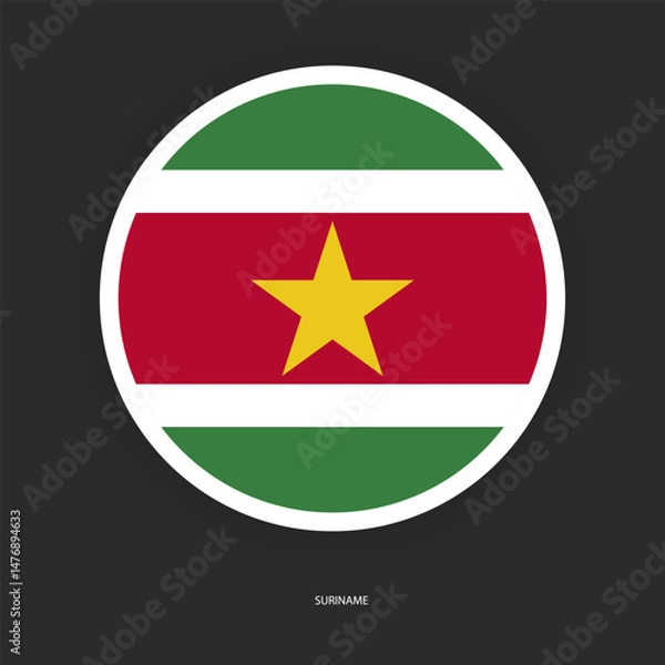 Fototapeta Suriname circle flag icon with shadow on dark background. Suriname button icon with white border isolated dark grey background	
