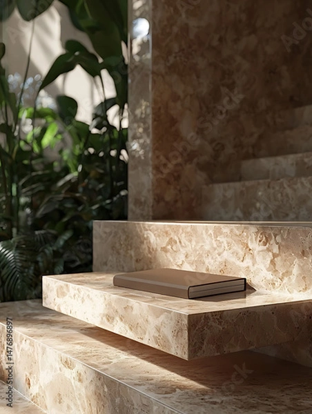 Fototapeta Marble steps adorned with a book lush green plants providing a natural backdrop bathed in soft sunlight.