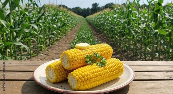 Obraz Freshly Prepared Corn on the Cob with Butter and Herbs on a Plate Surrounded by Lush Green Cornfield Under Bright Blue Sky