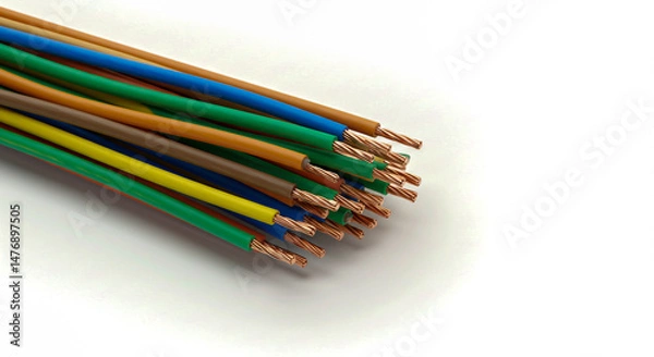 Fototapeta A close up shot featuring a bundle of colorful electrical wires with exposed copper ends against a plain background