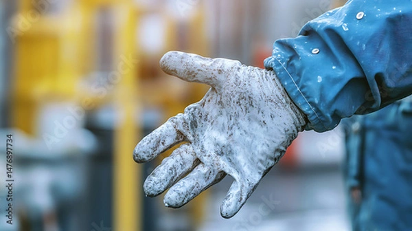 Fototapeta Close-up of a worker's outstretched gloved hand covered in white and grey grime amidst an industrial setting.